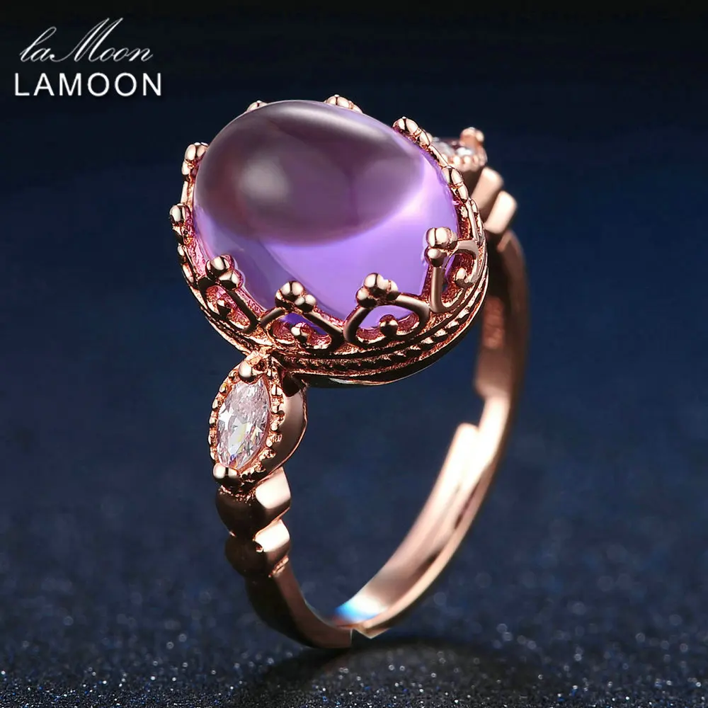 

LAMOON Anillos Mujer 3.5ct 10x8mm Natural Amethyst Fashion Rings 925 Sterling Silver Jewelry Purple Engagement Rings Makeup Anel