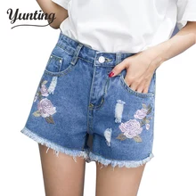Модные женские джинсы летние с вышивкой, средняя талия, эластичные джинсовые шорты, повседневные женские джинсовые шорты