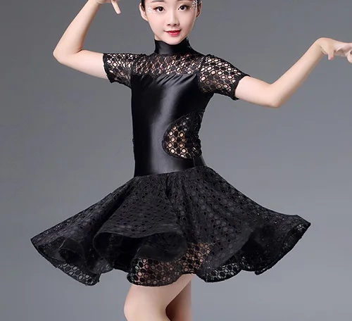 Латинское танцевальное платье для девочек, черно-белое кружевное платье с коротким рукавом, Детская Одежда для танцев Румба, танцевальная одежда для соревнований DN2701 - Цвет: Черный