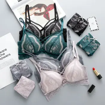 

2019 Women Padded Lace Push Up Bras Set Front Cross Straps Sexy Translucent Seamless Lace Panties underwear Suits