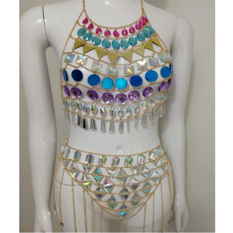 

Handmade Sexy Crystal Hollow Metal Chain Gems Two Pieces Sets Summer Womens Halter luxury Nightclub Party Sets