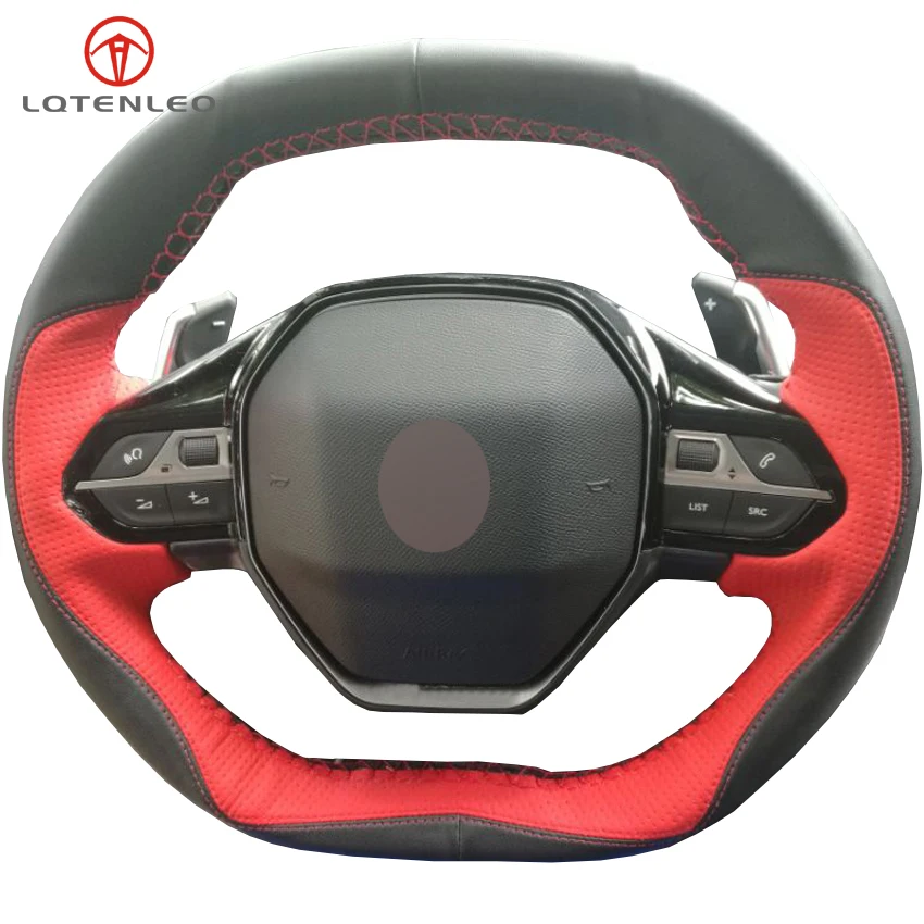 LQTENLEO Black Red Genuine Leather Car Steering Wheel Cover For Peugeot