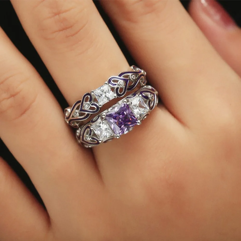 2 Pcs/Set Women's Purple Crystal Silver Sterling Engagement Wedding