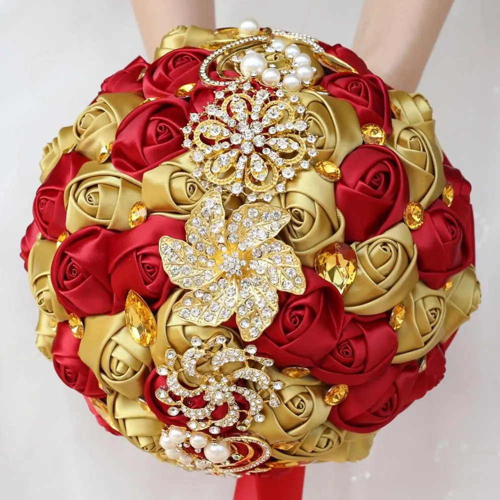 WifeLai-Свадебные букеты с золотыми бриллиантами, свадебные хрустальные Шелковая Красная роза, цветы, свадебный атласный букет, свадебный букет, W227Q