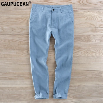 

100% Linen Breathable Anti-static Anti-microbial Men Pants Cool Spring Summer Blue Zipper Full Length Flax Man Trousers
