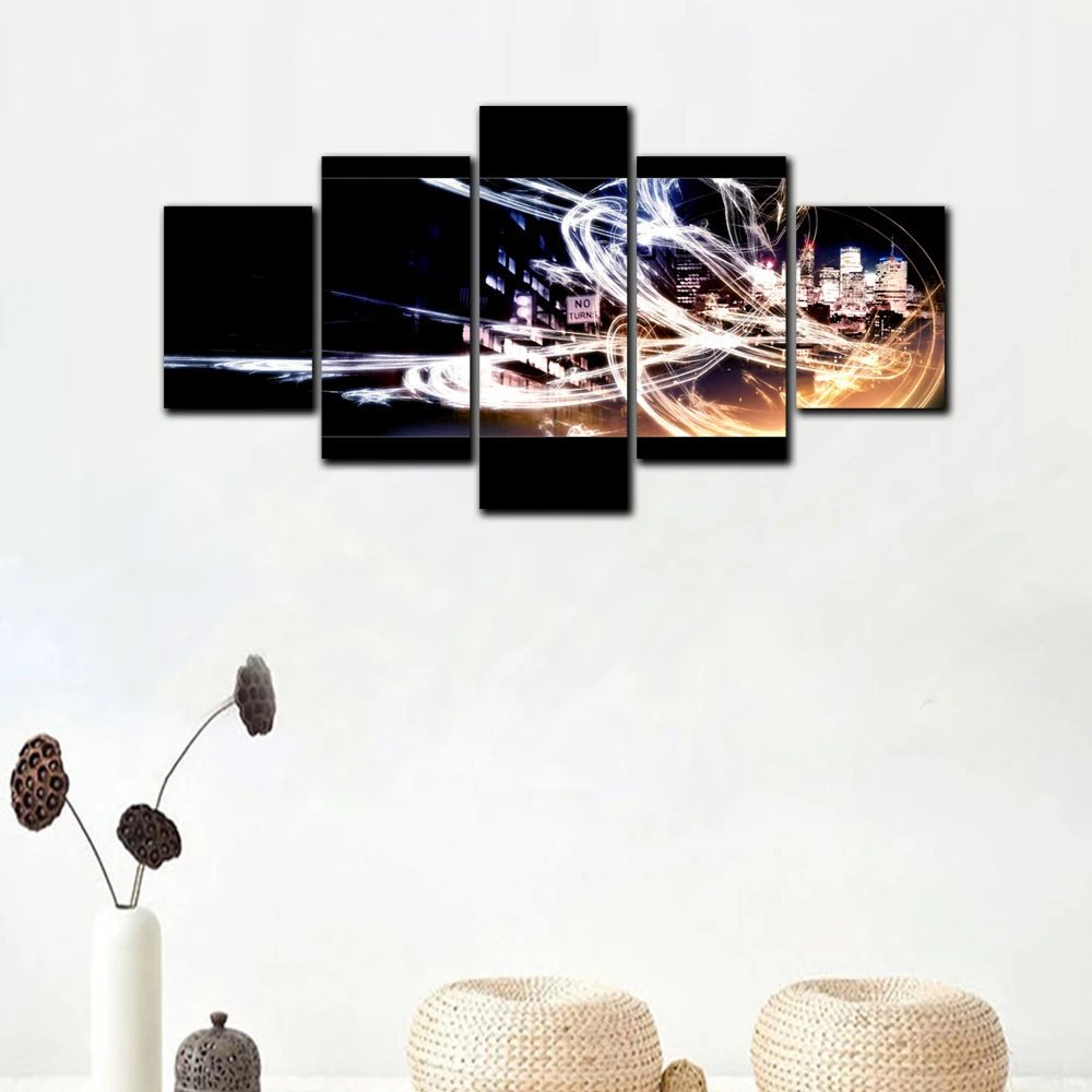 

Framed 5 Panels Abstract City Night Landscape Canvas Painting Wall Poster and Prints Modern Home Decoration for Living Room
