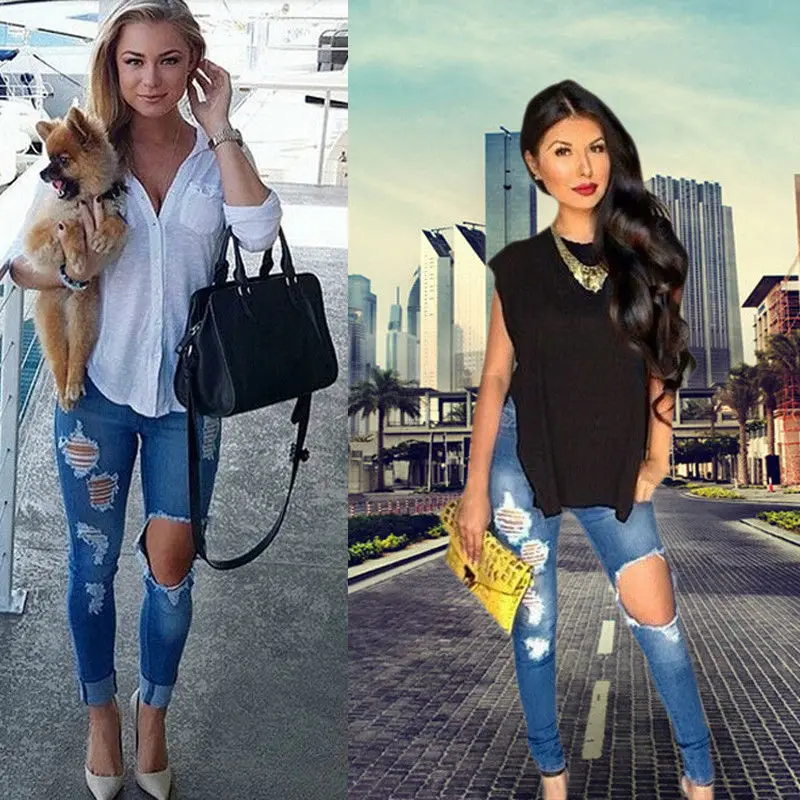 

Fashion New Ripped Jeans Women Denim Pants Holes High Waist Casual Trousers Pencil Pants Destroyed Torn Jeans for Women19