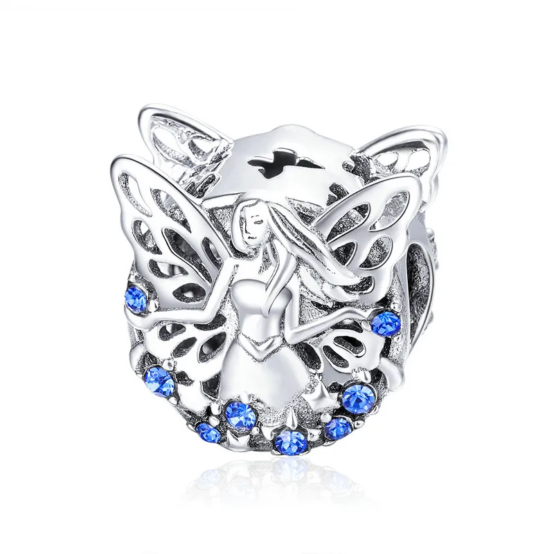 

ABAY 925 Genuine 925 Sterling Silver Widom Elf Flower Fairy Blue CZ Beads Charm fit Original Pandora Bracelet Beads DIY Jewelry