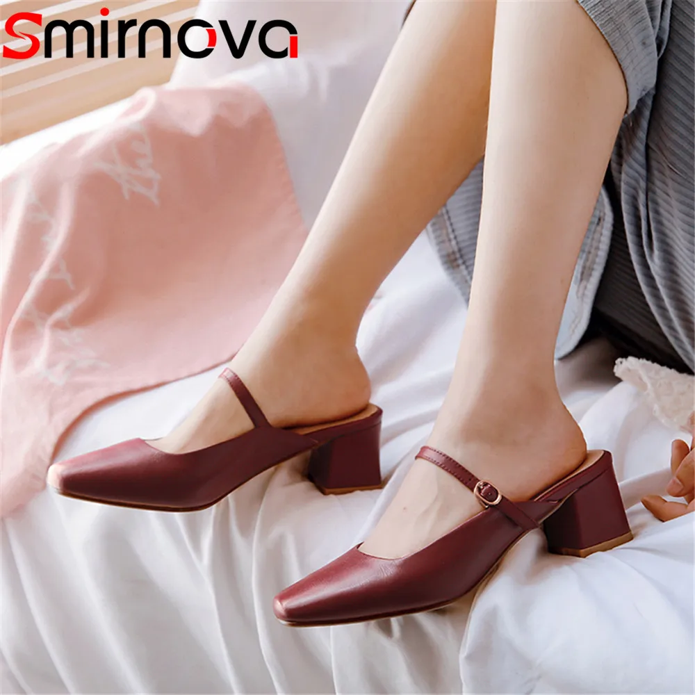 

Smirnova 2018 fashion spring summer shoes woman square toe buckle elegant pumps women shoes square heel genuine leather shoes