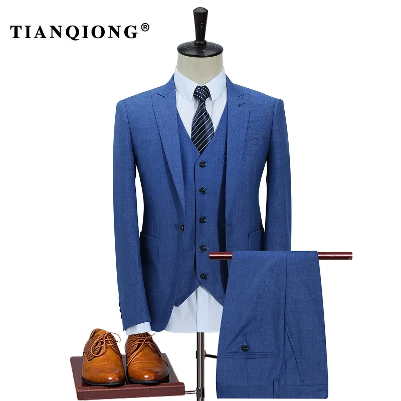 Мужской костюм из хлопка и льна, приталенный, Повседневный, деловой, Свадебный, костюм для мужчин, Terno Masculino, смокинг, 3 шт., пиджак, штаны, жилет - Цвет: Синий