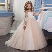 Романтический Champagne Puffy кружевное платье с длинными рукавами платье с цветочным узором для девочек для свадьбы из органзы бальное платье для девочек, вечерние платье для причастия, платье для торжеств