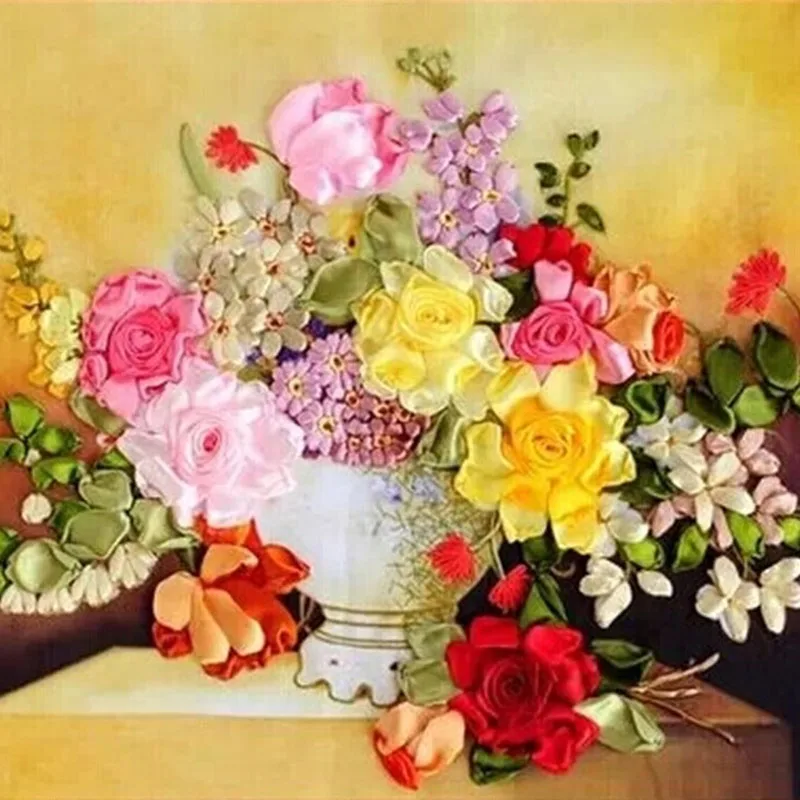 

blooming flower vase silk ribbon embroidery 3D canvas painting satin cross stitch kit needlework handcraft gift DIY home wall de