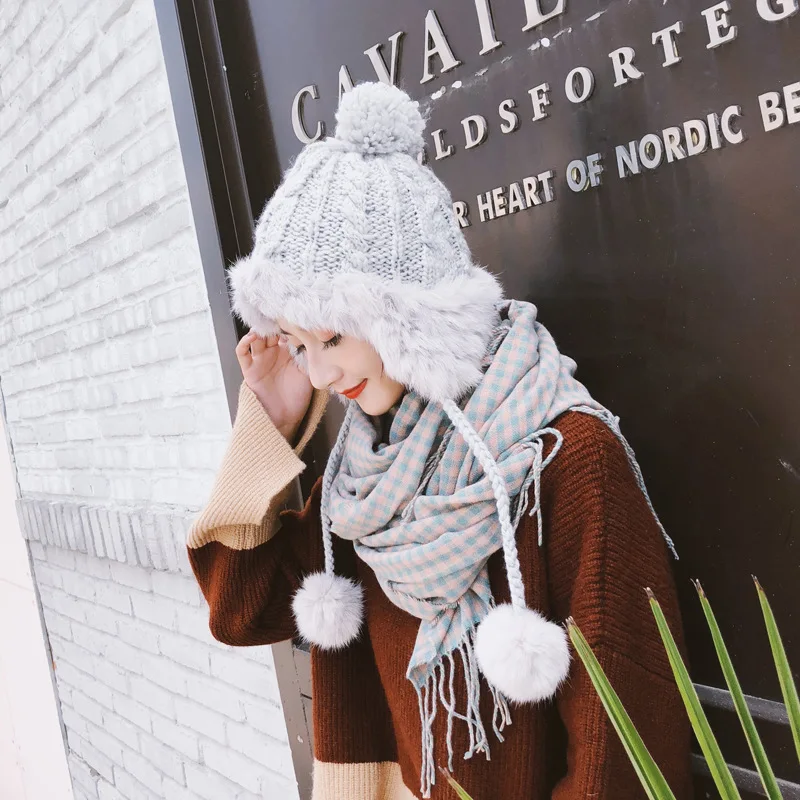 New Korean Fashion Autumn And Winter Rabbit Fur Ball Knit Hats Warm Earmuffs Outdoor Wild Double Thickening Women Hats HC06 (10)