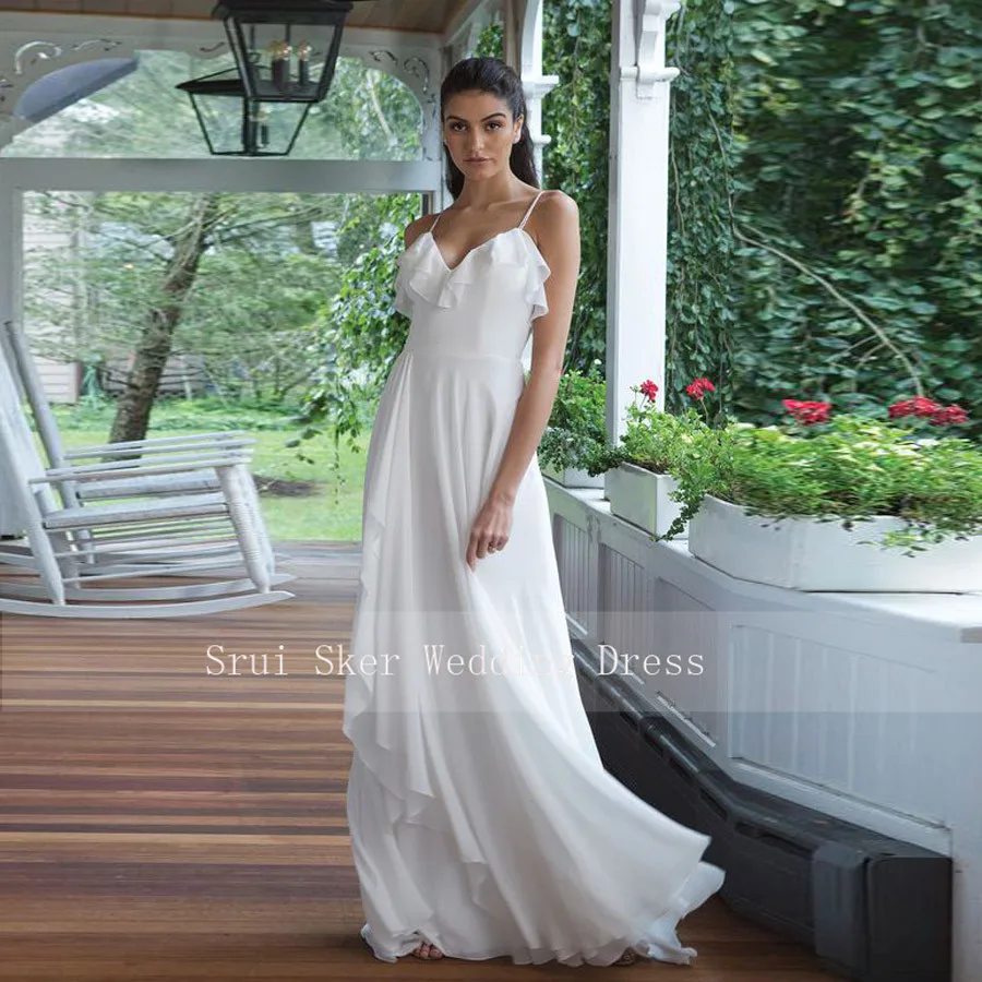 

Beautiful White Beach Wedding Dress Sexy Backless Ruffled Bikini Neckline with Asymmetrical Ruffle Chiffon Bridal Gowns