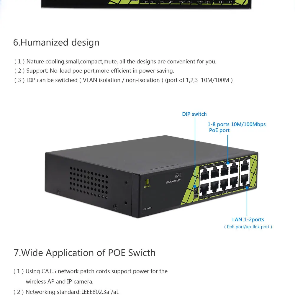 48 V стандарт переключатель POE 100 м коммутатор для высокоскоростной сети Ethernet 8 Порты и разъёмы питания переключатель 10/100 M 8 + 2 Порты и разъёмы