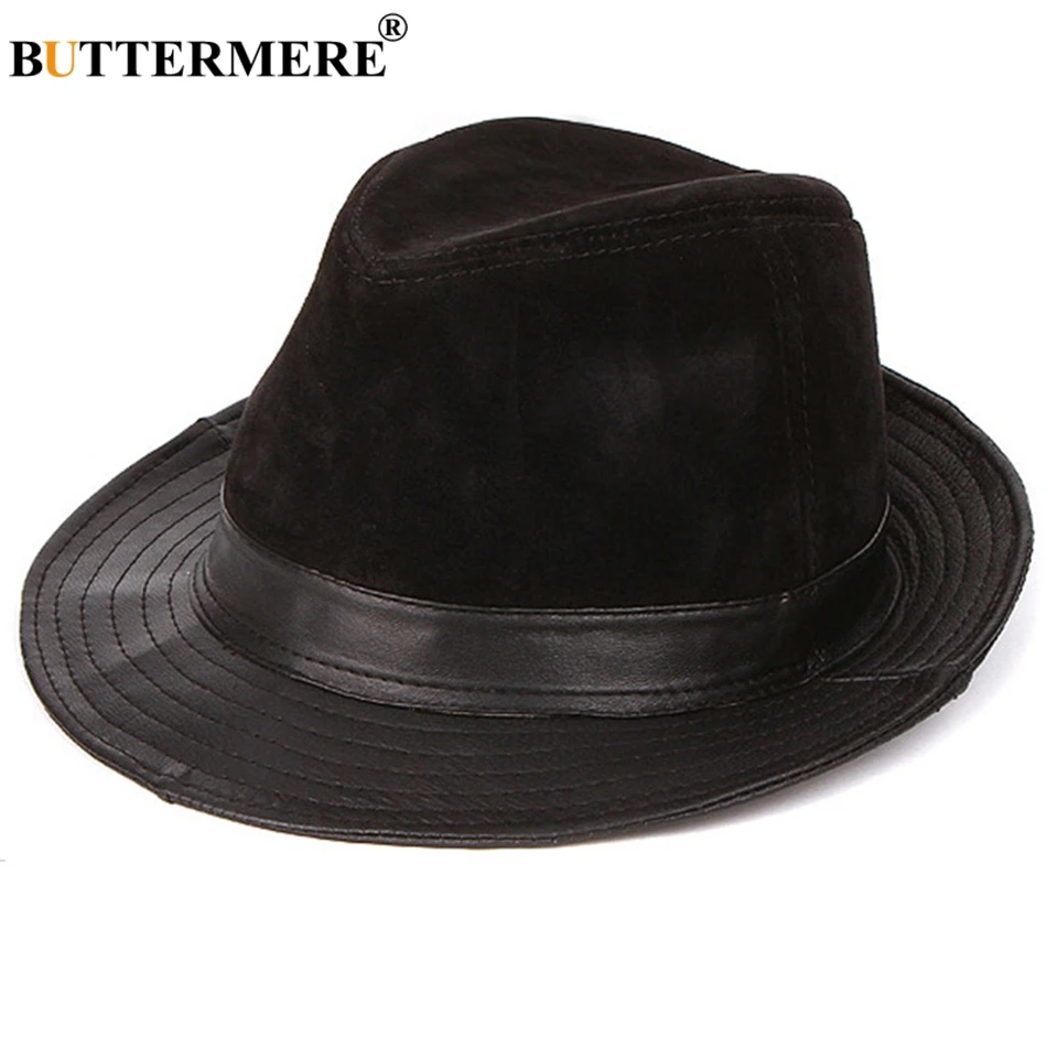 

BUTTERMERE Wide Brim Fedora For Men Black Trilby Hat Male Genuine Leather Casual Jazz Caps Autumn Winter Fashion Pork Pie Hats