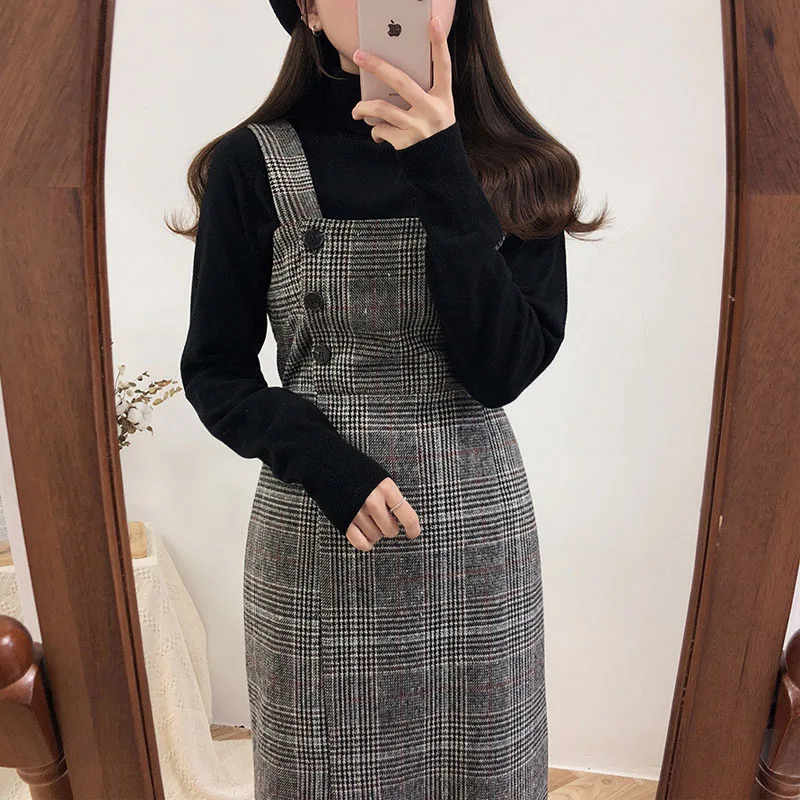 

2019 new retro woolen plaid vest dress women slim high waist strap dress