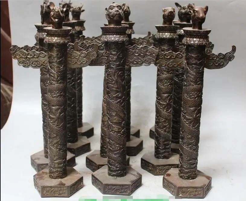

free Marked Chinese Copper Bronze Tiananmen pillars 12 Zodiac Dragon Statue Full Set fast
