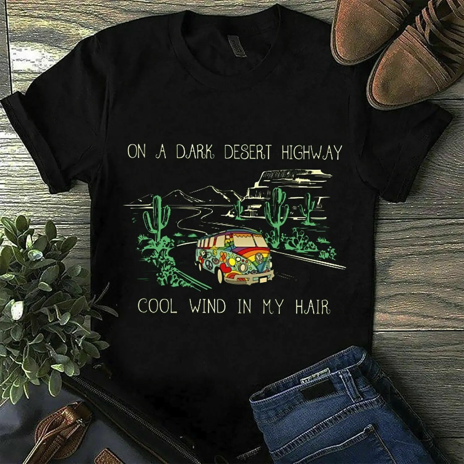 Hippie Car Cactus On A Dark Desert Highway Black T Shirt M 6 Xl |