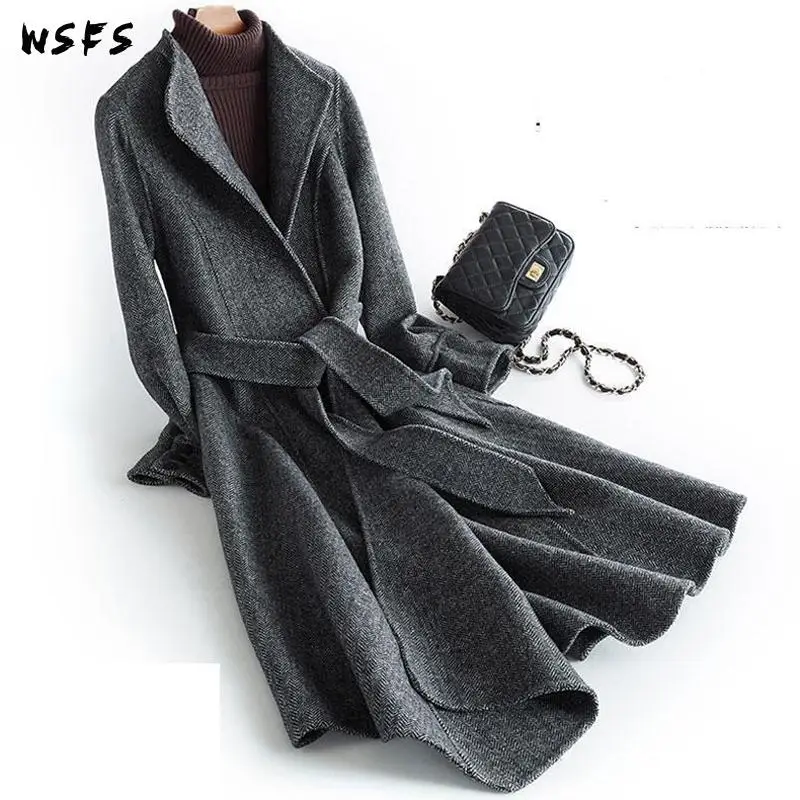 

Winter Asymmetrical Coat Gray Plaid Vneck Xlong Sheep Wool Coats Women Bodycon Elegant Woolen Overcoat Abrigos Mujer Invierno