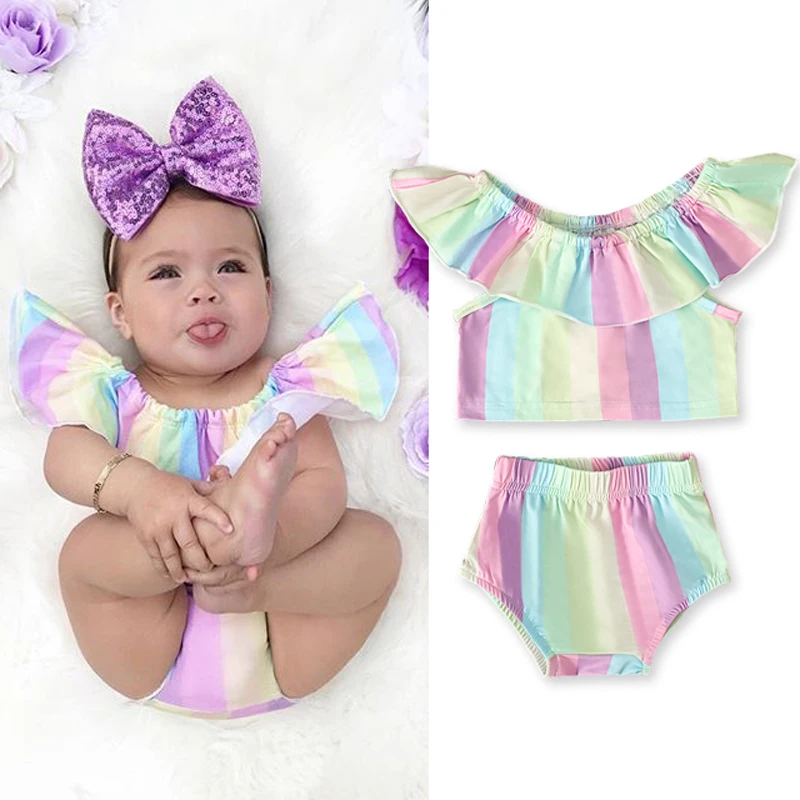 

Rorychen Baby Girls Clothes Set Kids Outfit Rainbow Suspender Tops+Shorts Children Clothing Toddler 2Pcs Girls Suit 4-24M