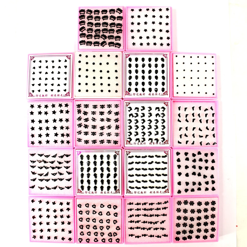 

Factory Simple Mini Design Black Cheap Plastic Anti Allergy Disinfection stick Stud Earring 18pairs/lot Skull Flower Star