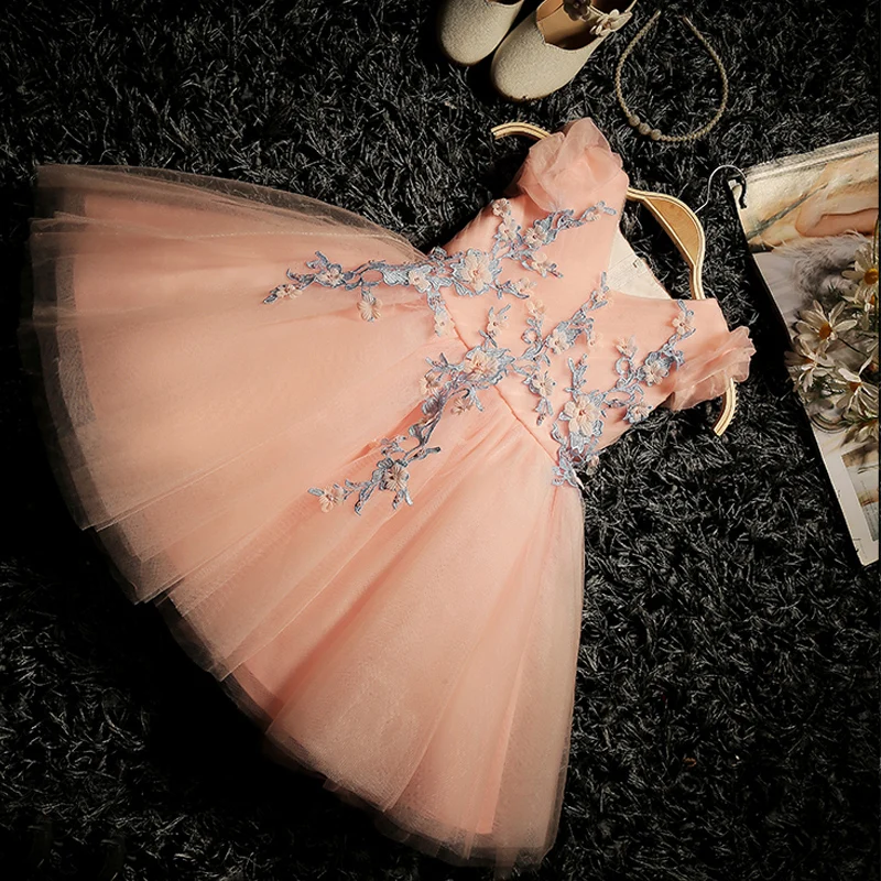 

Ball Gown 2017 Flower Girl Party Dress Baby Birthday tutu Dresses For Girls Lace Baby Dresses Kids Wedding Dress Appliques QX350