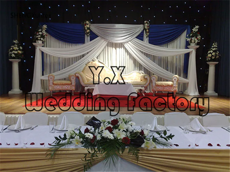 

Nice desgion free shipping White And Royal Blue Wedding Backdrop Curtains \ Stage Background Include The Top Silver Fabric