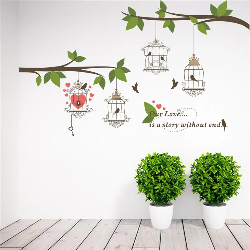 

3d birdcage green branch wall stickers living room bedroom window wall decals mural arts wedding decor