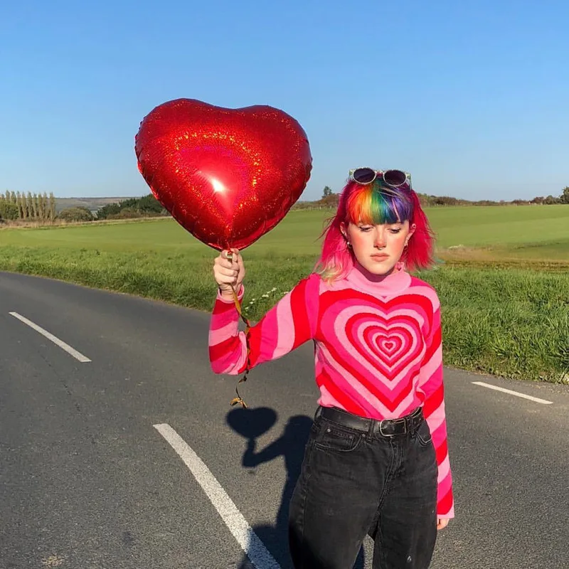 

Love sweater pink red block women's autumn lazy oaf rainbow mock neck red pullover knitted shirt