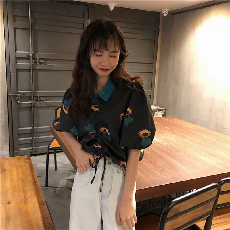 

Lychee Girls Drawstring Pleated Lace-up Harajuku Sunflower Print Female Blouse Ruffles Turn-down Collar Short Sleeve Women Shirt