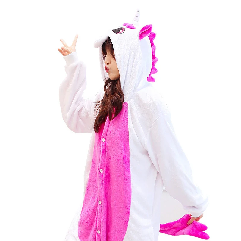 Anime Women Pajamas Unicorn Pikachu Stitch Costume Cosplay Winter Hooded Adult Sleepwear Onesies Flannel Cartoon Unisex Pyjamas