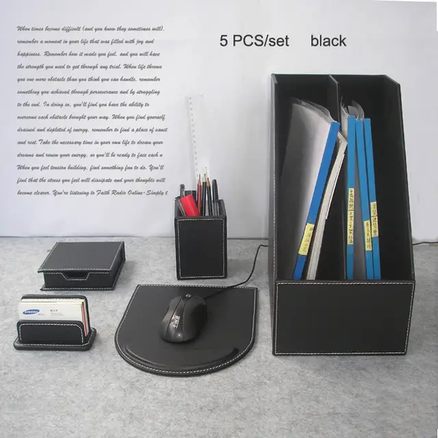 5pcs Set Wooden Leather Office Desk Set Stationery Organizer