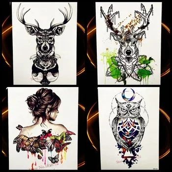 Big Black Green WaterColor Deer Temporarry Tattoo Men Women Body Art Tattoo Sticker Colored Moose Triangle Glitter Diamond Tatoo