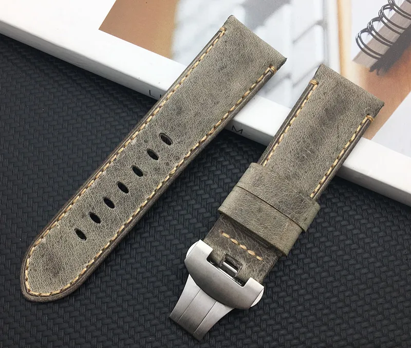 

24mm Vintage retro Light green crazy horse Italy Calf Leather Watchband watch band with Butterfly Buckle For Panerai strap tools