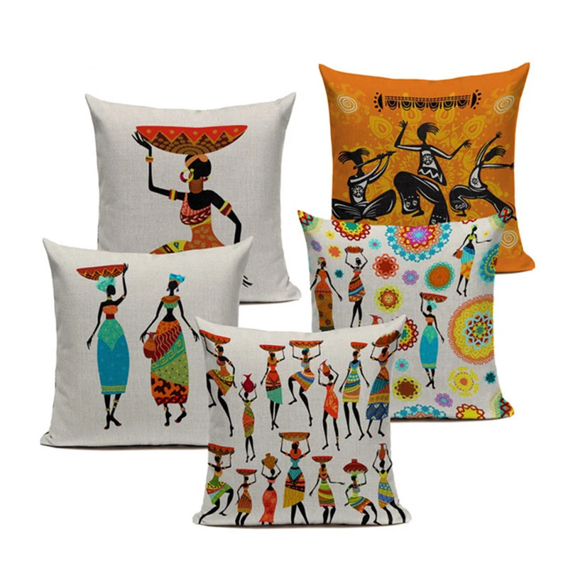 

African Woman Cushion Cover Dancing Lady Africa Geometric Pillow Covers Pillow Cases Color Cloth Bedroom Sofa Decoration Ethnic