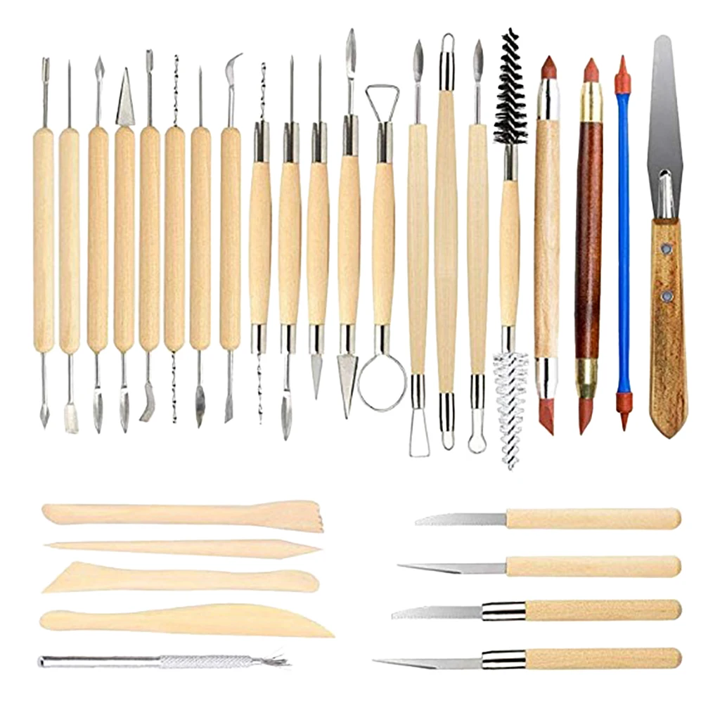 30Pcs Complete Wooden/ Metal /Rubber Pottery Sculpture Clay Carving Tool Kits for Artist Art Creation