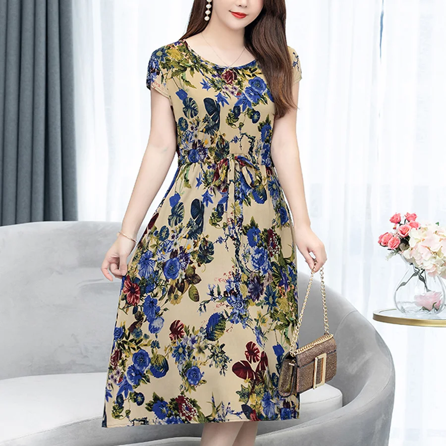 Платье летний богемный стиль с коротким рукавом и О-образным вырезом повседневное женское платье Элегантное с цветочным принтом миди платья размера плюс vestidos