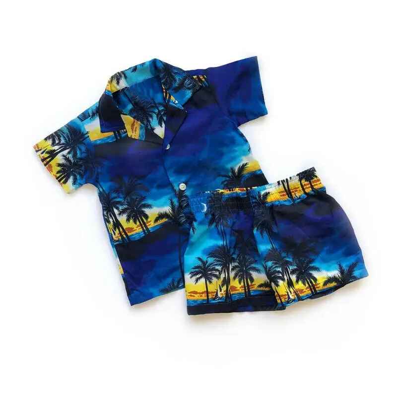 Hawaiian Style Beach coconut tree pattern 2pcs Toddler Kids Boys Summer Outfits Holiday Shirt Shorts Clothes Set | Детская одежда и