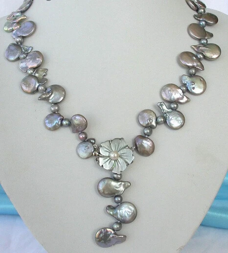 

Hot sale Free Shipping>>>>wonderful 18"luster 14mm gray coin freshwater cultured pearls necklace