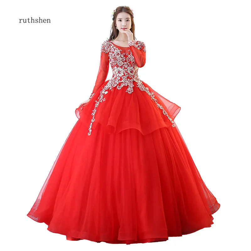 

ruthshen Red Princess Quinceanera Dresses Illusion Long Sleeve Ball Gown Dress Transparent Appliques Beaded Sweet 16 Dresses