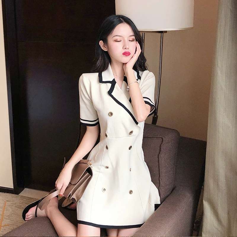 

2019 New arrival spring and summer Dresses Women's temperament slim double-breasted short-sleeved knit dress