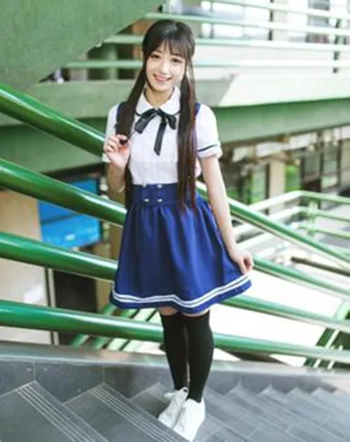Японская школьная форма для девочек студентов класса, милая Одежда для девочек плюс размер темно-синяя юбка с лямками+ белая рубашка+ чулки 3 шт./компл - Цвет: Short sleeve set 3
