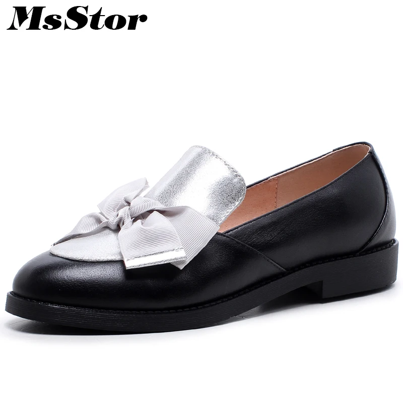 

MsStor Natural Leather Loafers Women Flats Casual Fashion Ladies Flat Shoes 2018 Spring Butterfly knot Mixed Colors Women Shoes