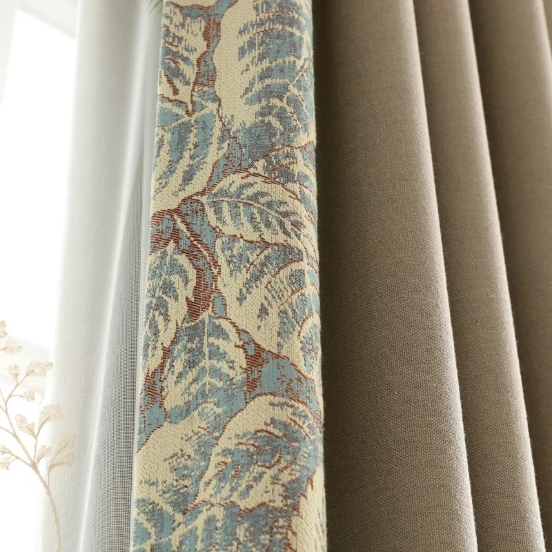 

Three-dimensional Jacquard Fabric Falling Pattern Coffee-colored Living Room Curtains Fallen Leaves White Tulle customized