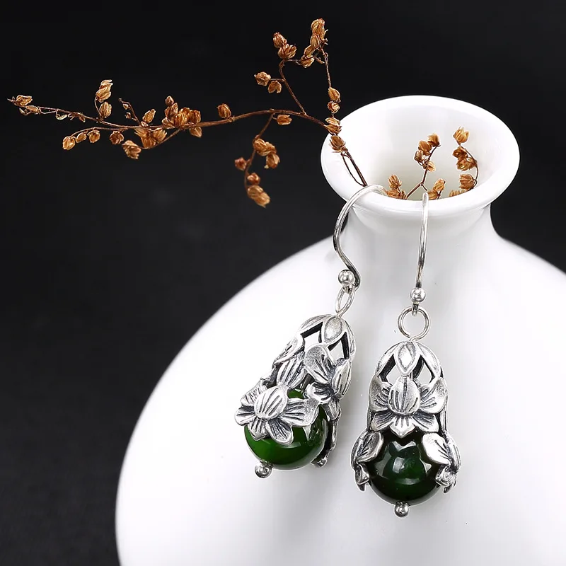 

S925 Pure Silver Inlay Hetian Jade Jade Ways Round Pearl Lotus High-grade Pendant Earrings Wholesale