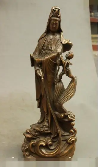 

S5589 16" Chinese Buddhism Bronze Copper Carry Kid GuanYin Kwan-yin Buddha Pot Statue