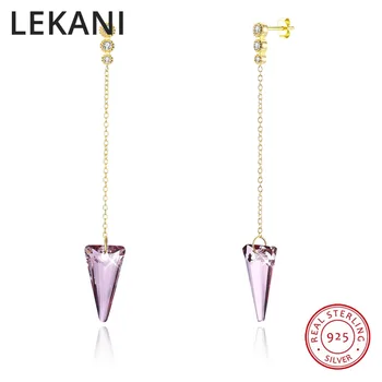 

LEKANI Crystals From SWAROVSKI Gold Color Long Chain Drop Earrings S925 Sterling Silver Spike Pendant Piercing For Women Party