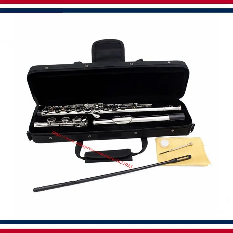 

New Silver Plated 16 Closed Holes Flute C Key Western Concert Musical Instrument With Cleaning Cloth Stick Gloves Screwdriver