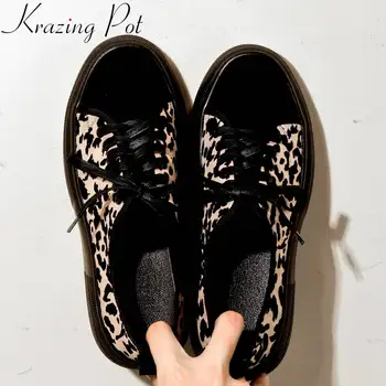 

Krazing Pot vintage leopard natural leather round toe thick bottom platform sneakers lace up large size vulcanized shoes L1f7